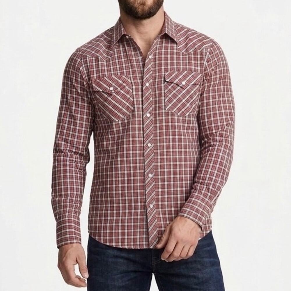 rag & bone Mens Plaid Western Snap Shirt Long Sleeve Red White Black Cotton XS